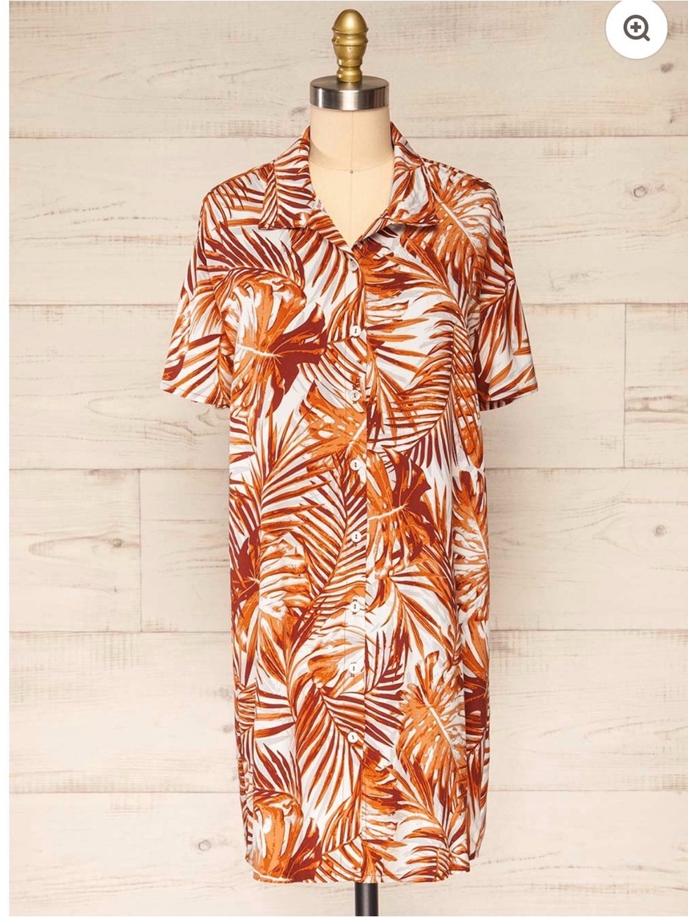 DailyStory Rust Palm Print Shirt Dress Button Front Rayon Small Made in Canada